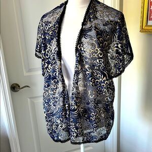 Elegant Blue and Gold Lace Kimono Black Lace trim Perfect over a Dress ONFM S-XL